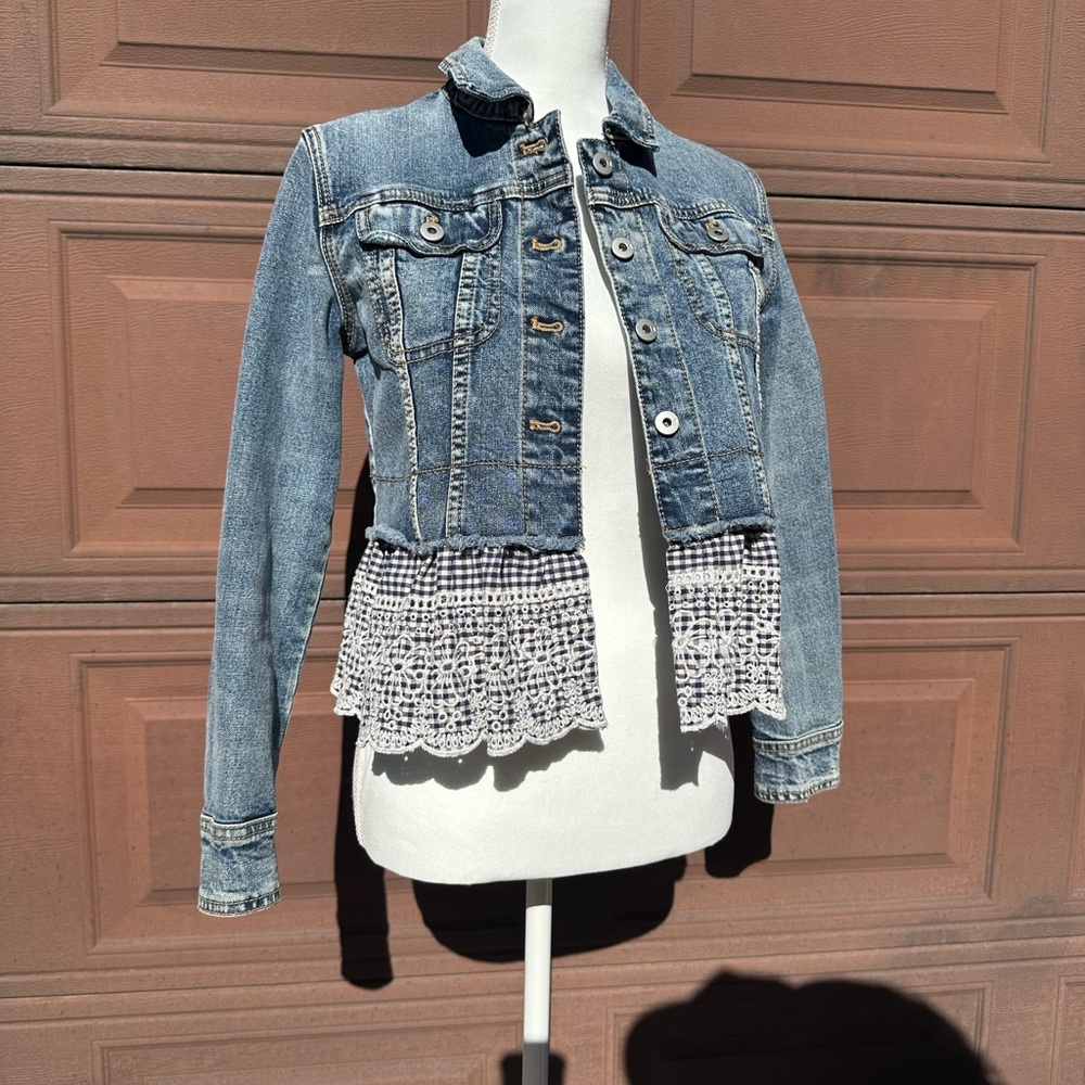 Pilcro and the Letterpress Blue Cropped Denim Jacket with Crochet Trim - Picture 2 of 5